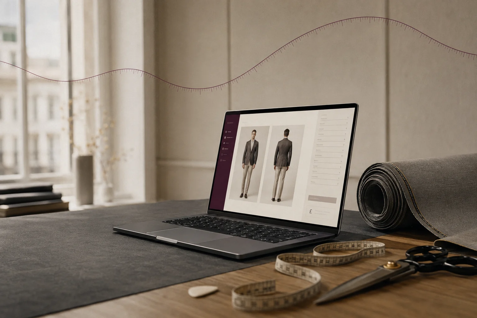 A laptop on a cutting table in a London tailoring atelier, its screen showing a client record with front and back figure photos, a column of body measurements and a pound figure, beside a bolt of grey suiting, a cloth tape measure and tailor's shears, with a fine plum measuring-tape line tracing above
